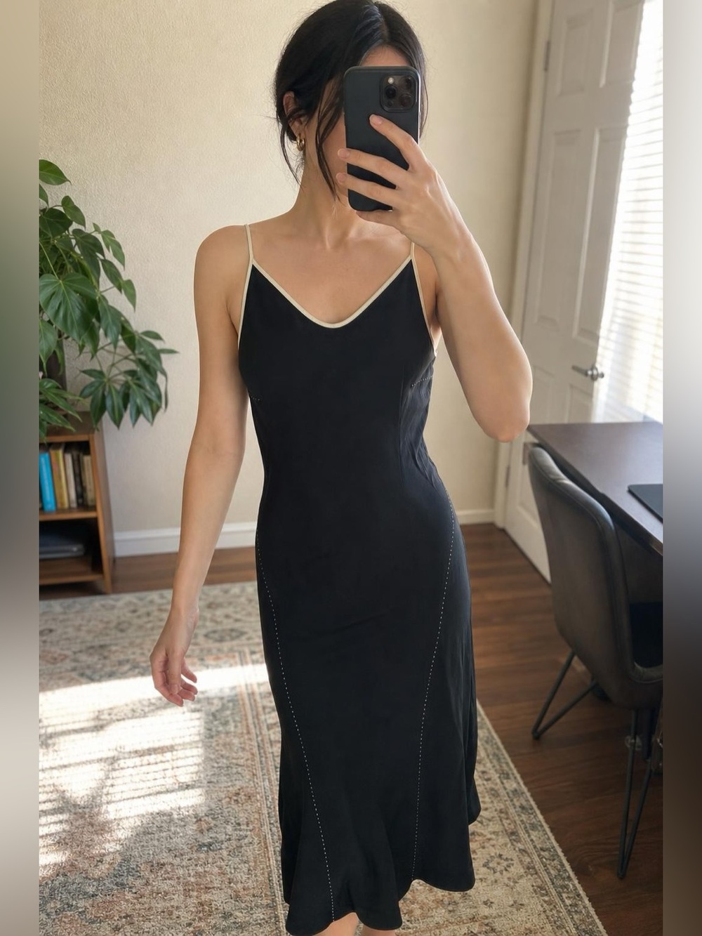 Vintage Bias Cut Black Slinky Minimalist Slip Dress Cream Trim Midi